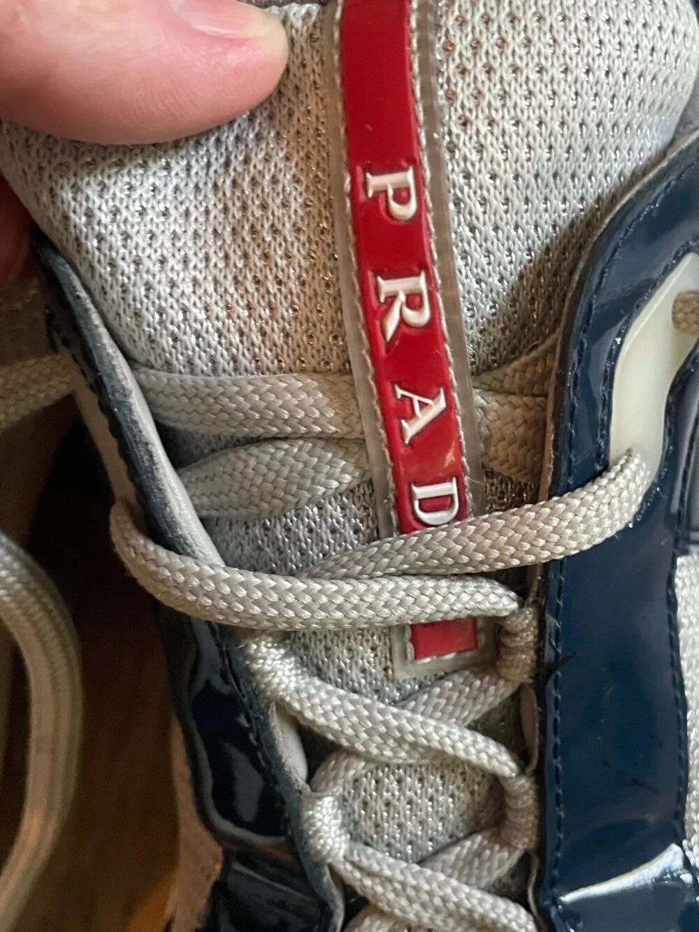 Prada Men's Patent Leather & Mesh Sneakers, 4E3166 Deep Blue Outdoor Size: 8